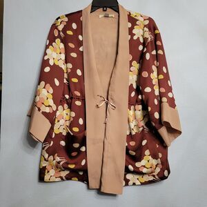 Fossil Womens XS/S Brown Beige Floral Kimono Cardigan Open Front Vintage Boho